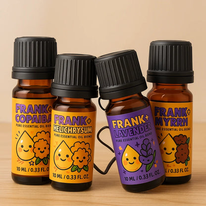 Four essential oil blends including Frank + Copaiba, Helichrysum, Lavender, and Myrrh bottles on a wooden surface.