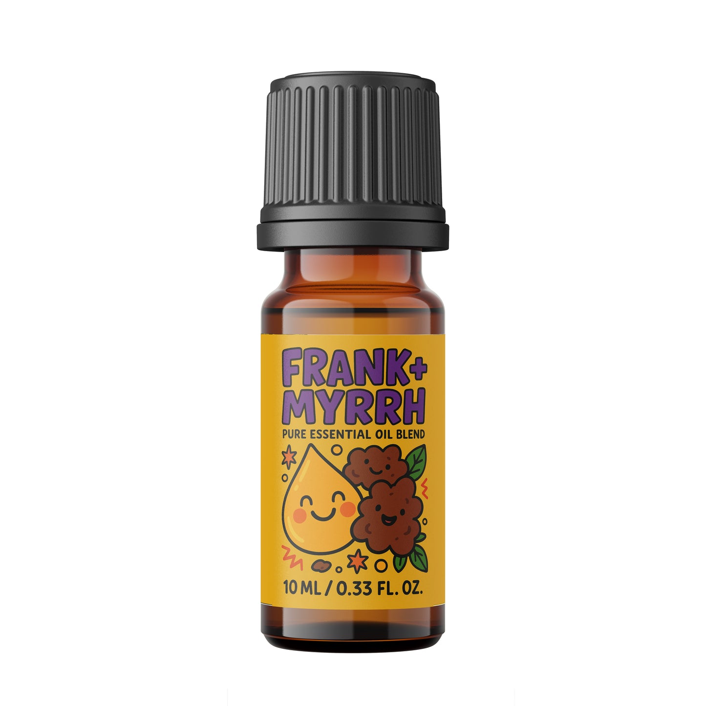 Frank + Myrrh essential oil blend bottle with colorful label, offering bold clarity and deep grounding. Discover ancient wisdom in a bottle.