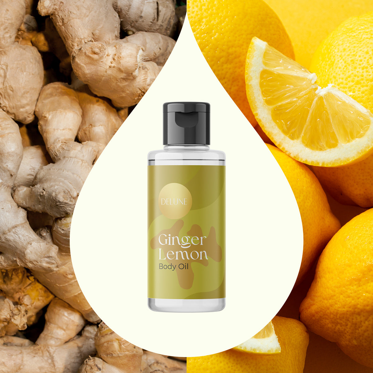 Ginger Lemon Body Oil bottle with ginger roots and lemon slices in the background, highlighting its invigorating ingredients.