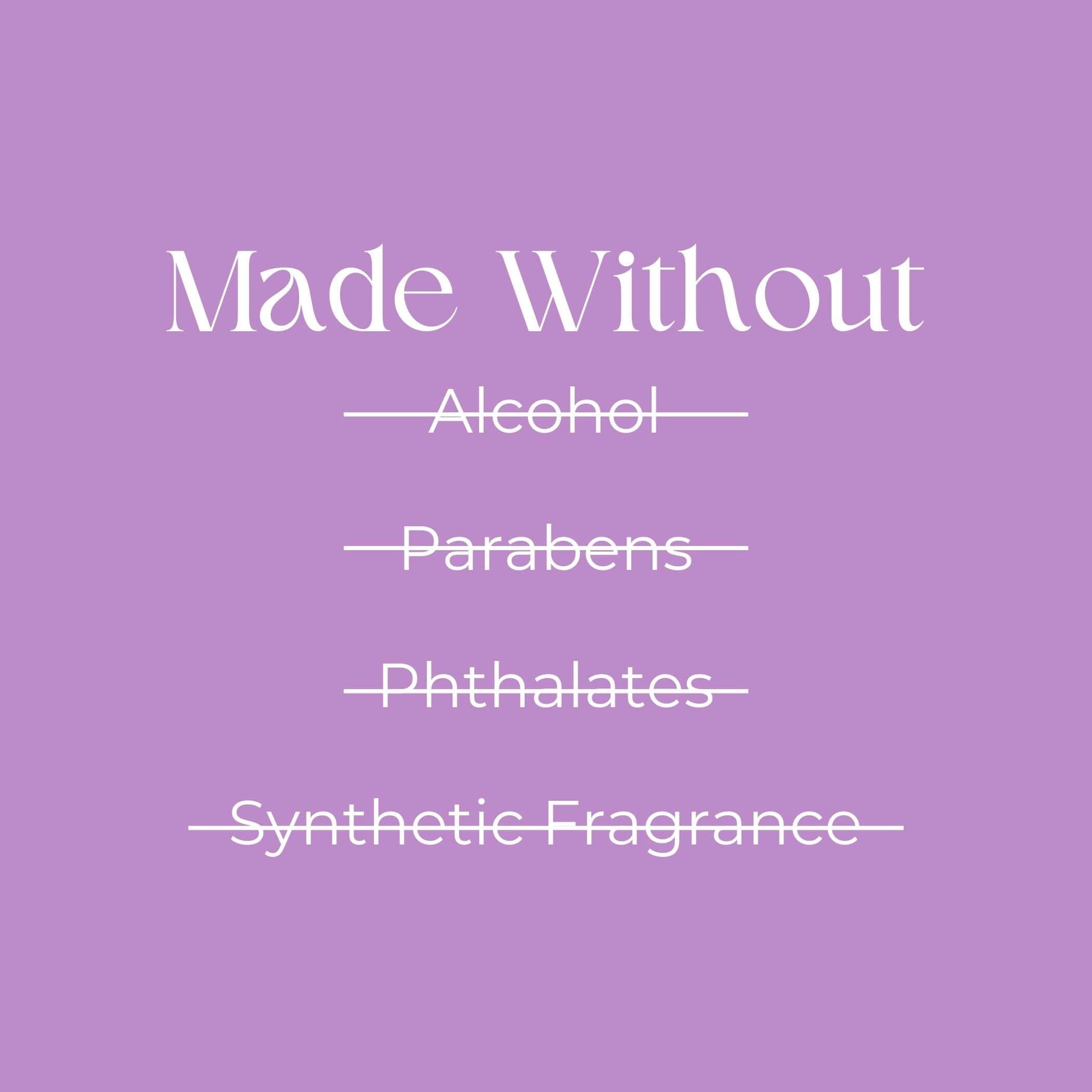 Pure lavender body oil, free of alcohol, parabens, phthalates, and synthetic fragrance, on a calming lavender background.