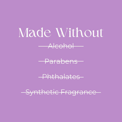 Pure lavender body oil, free of alcohol, parabens, phthalates, and synthetic fragrance, on a calming lavender background.