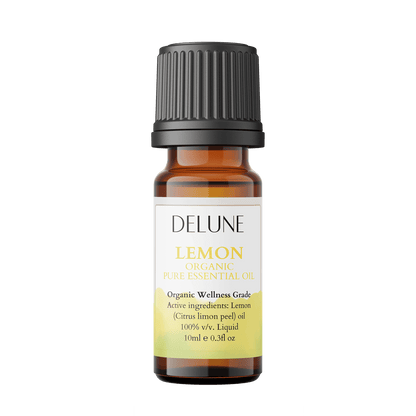Lemon Organic Wellness Grade Essential Oil, invigorating citrus aroma bottle, 100% Citrus limon, 10ml for energy boost and clarity.