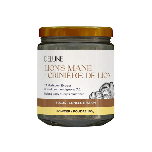 Lion's Mane Mushroom Powder for brain health, organic and easy to add to meals, 100g jar.