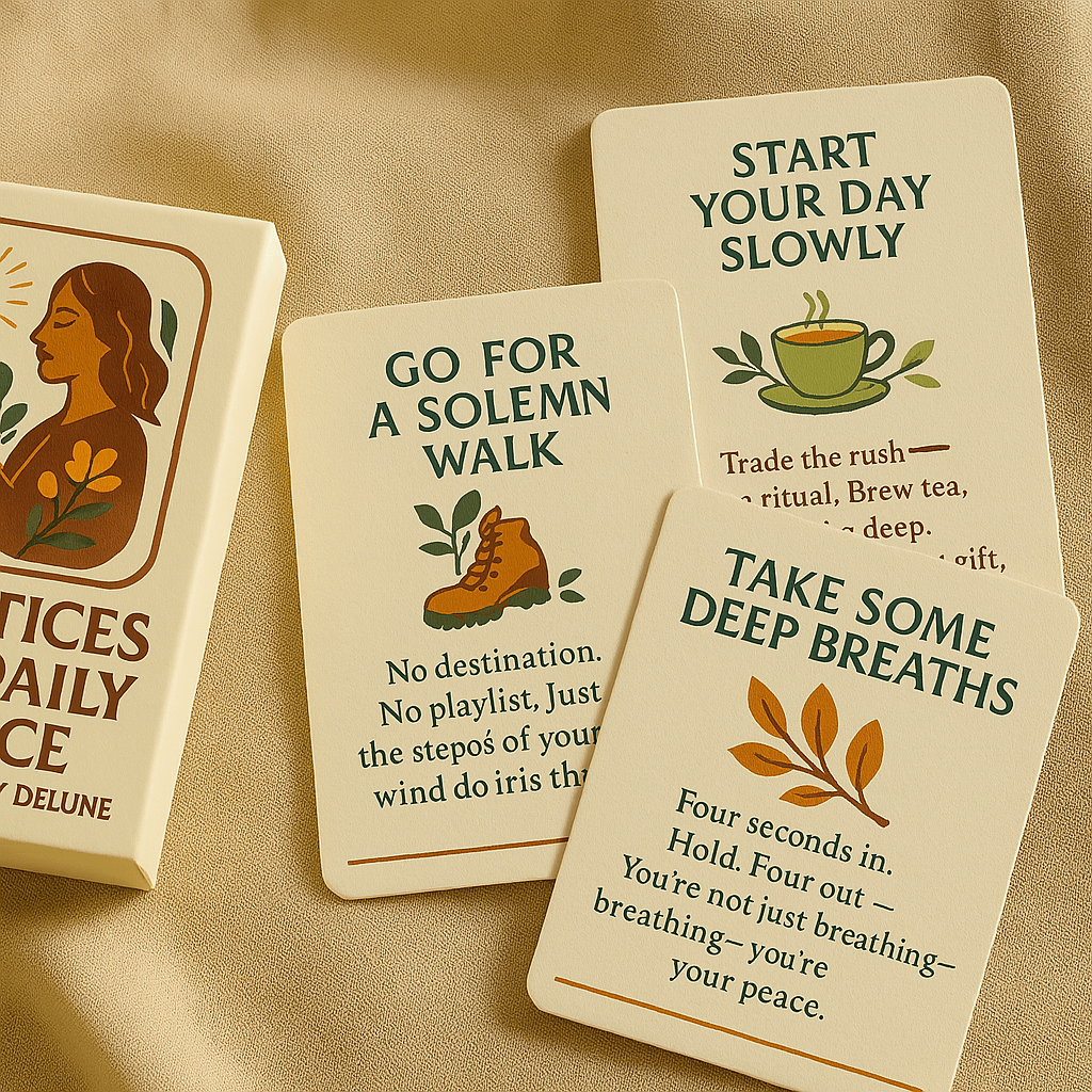 Card deck featuring daily peace practices with cards reading 'Go For a Solemn Walk', 'Start Your Day Slowly', and 'Take Some Deep Breaths'.