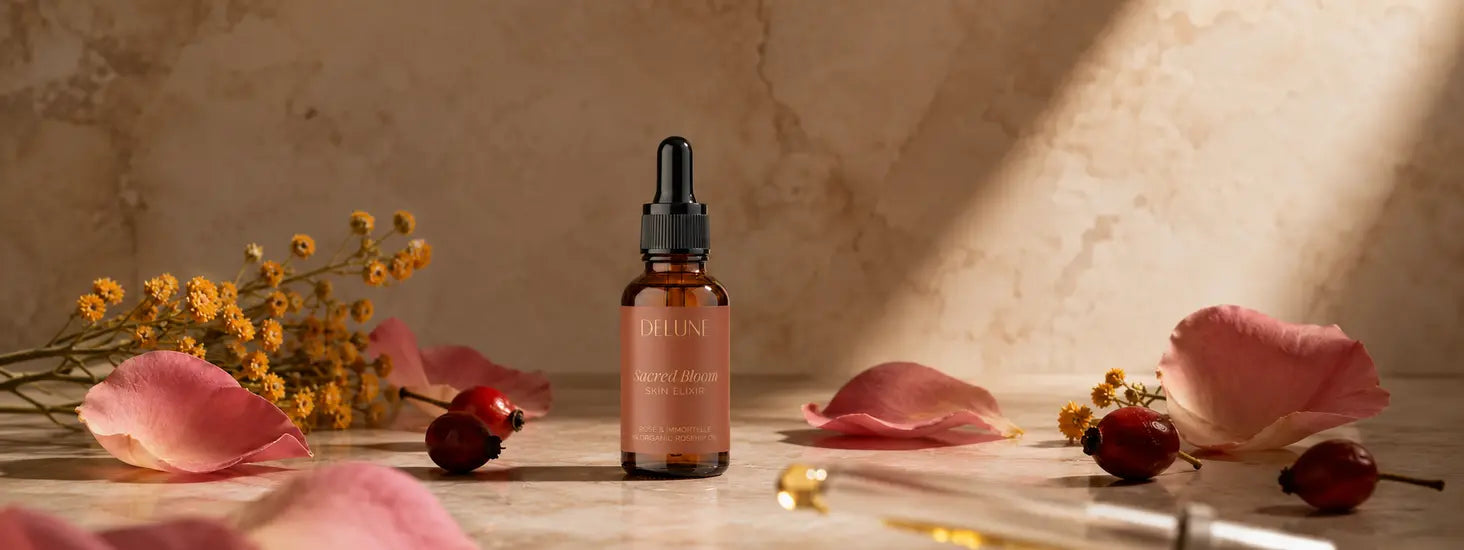 Sacred Bloom Skin Elixir with damask rose petals, immortelle flowers and rosehips