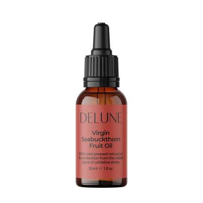 Delune Virgin Seabuckthorn Fruit Oil bottle, 30ml, known for its antioxidants and essential fatty acids for radiant skin.