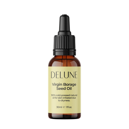 Delune Virgin Borage Seed Oil bottle, 30ml, soothes sensitive skin and reduces redness with high gamma-linolenic acid content.