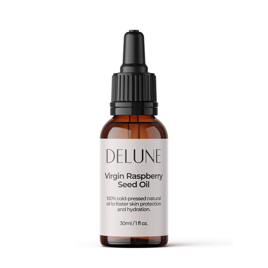 Delune Virgin Raspberry Seed Oil bottle, 100% cold-pressed, provides skin protection and hydration with Omega 3 and 6, 30ml.