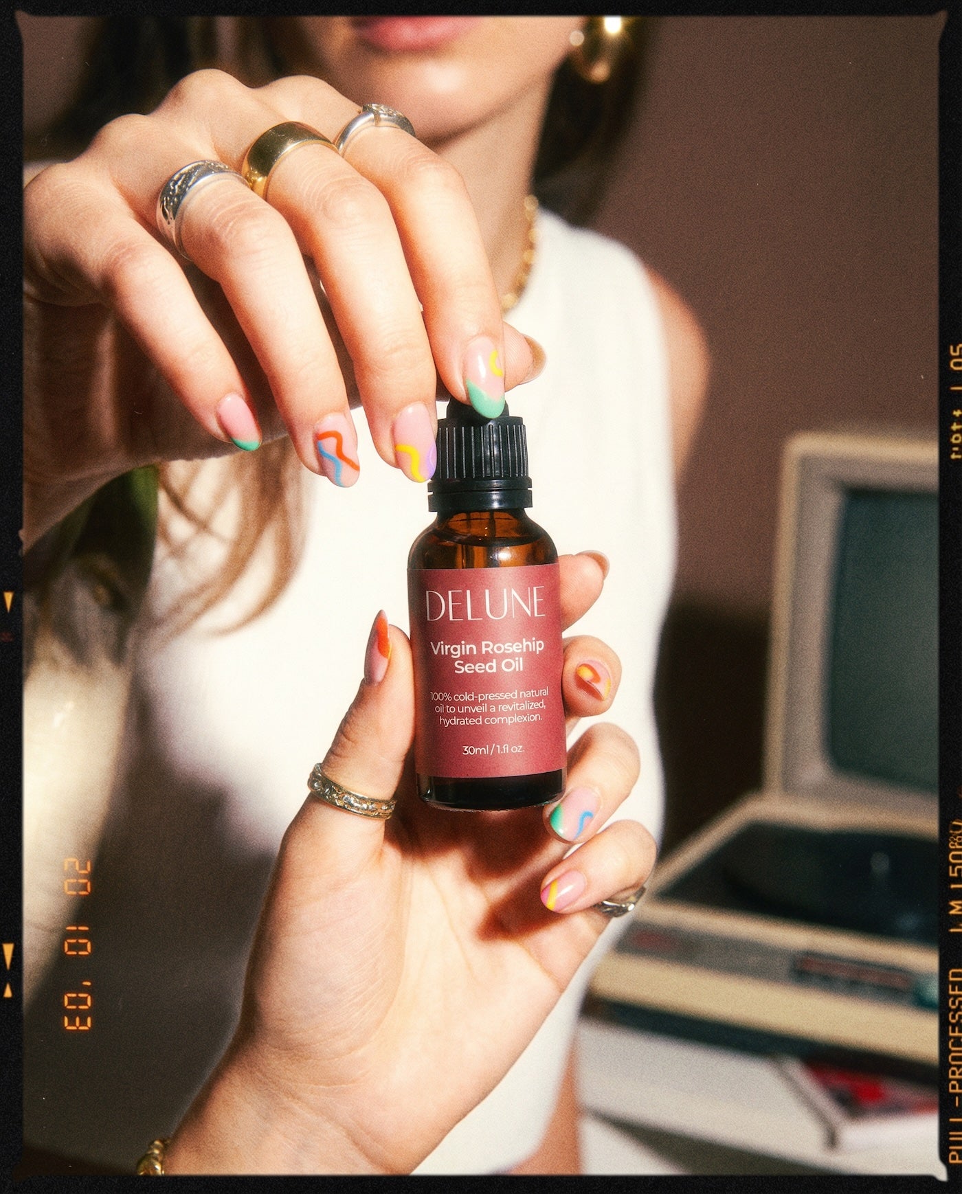 Delune Virgin Rosehip Seed Oil bottle, 100% cold-pressed for hydrated, revitalized skin, 30ml