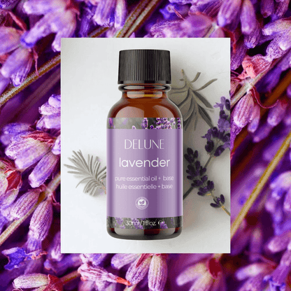 Lavender Essential Oil Bottle with Floral Background for Aromatherapy and Bath Use
