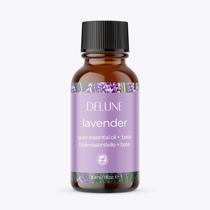Lavender essential oil bottle with soothing floral fragrance, perfect for body and bath use. Layer with bergamot or peppermint.